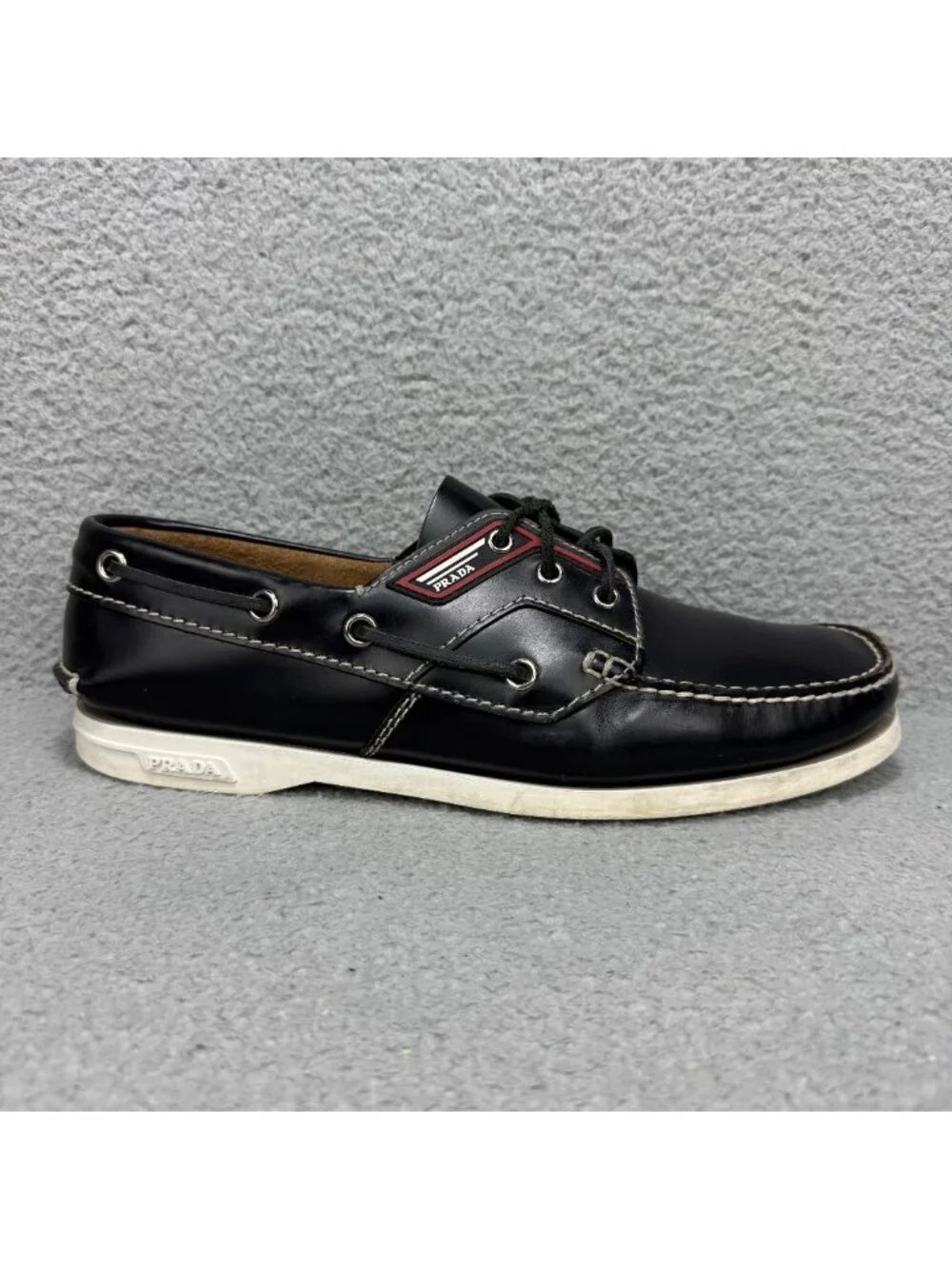 Prada Boat Shoes Men 11 / UK 10 Black Brushed Spazzolato Leather Lace Up Loafers